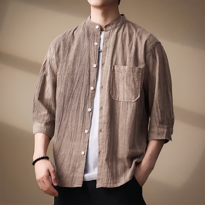 Buddha Stones Camisas de manga larga para hombre de algodón liso con cuello mandarín, estilo casual de primavera/verano, con bolsillo de parche. - image 1