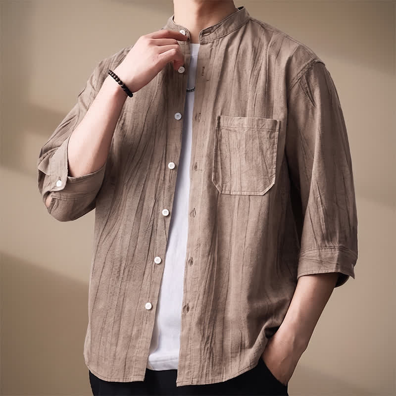 Buddha Stones Camisas de manga larga para hombre de algodón liso con cuello mandarín, estilo casual de primavera/verano, con bolsillo de parche. - image 2