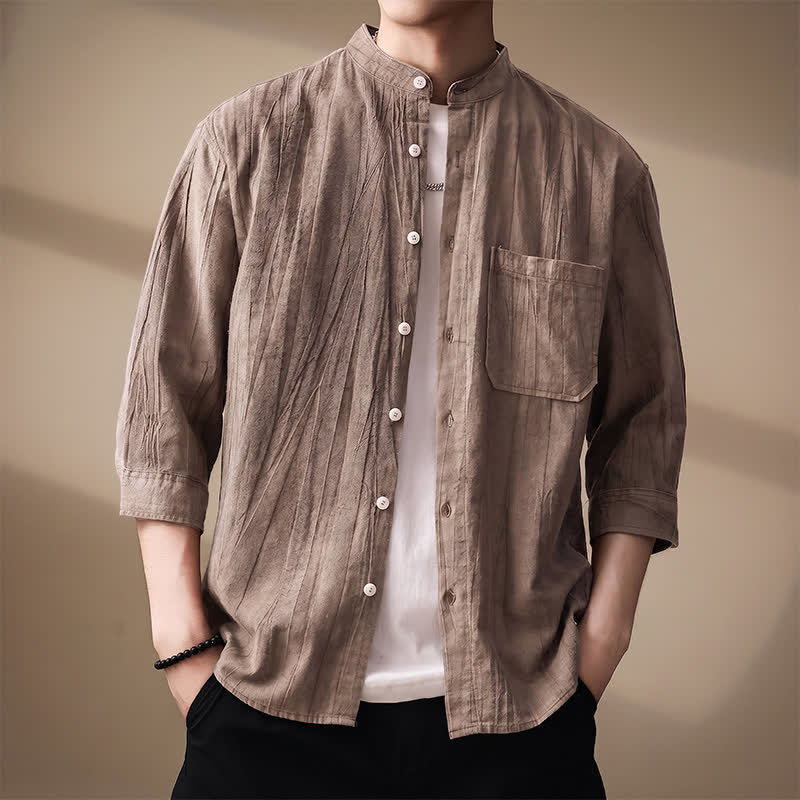 Buddha Stones Camisas de manga larga para hombre de algodón liso con cuello mandarín, estilo casual de primavera/verano, con bolsillo de parche. - image 4