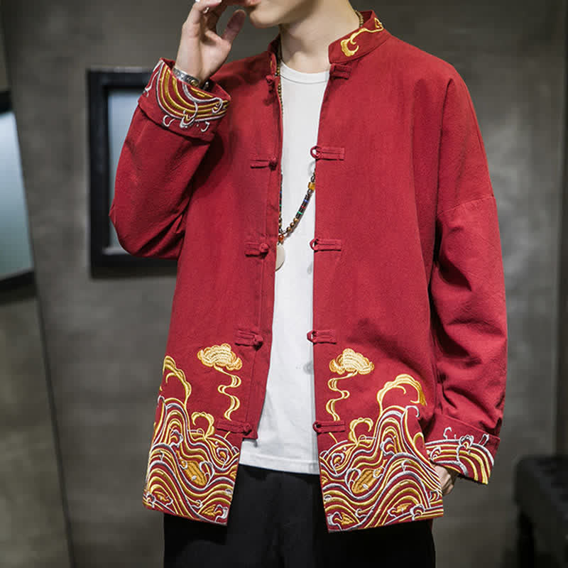Buddha Stones Chaqueta de algodón para hombre, estilo Tang vintage, con botones de rana bordados y estampado de nubes, ideal para otoño e invierno. - image 2
