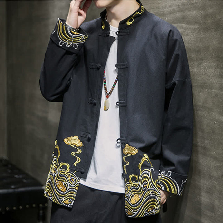 Buddha Stones Chaqueta de algodón para hombre, estilo Tang vintage, con botones de rana bordados y estampado de nubes, ideal para otoño e invierno. - image 16