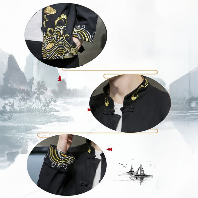 Buddha Stones Chaqueta de algodón para hombre, estilo Tang vintage, con botones de rana bordados y estampado de nubes, ideal para otoño e invierno. - image 20