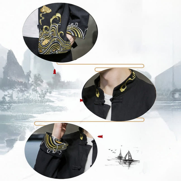 Buddha Stones Chaqueta de algodón para hombre, estilo Tang vintage, con botones de rana bordados y estampado de nubes, ideal para otoño e invierno. - image 20
