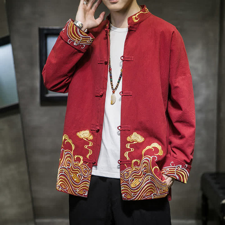 Buddha Stones Chaqueta de algodón para hombre, estilo Tang vintage, con botones de rana bordados y estampado de nubes, ideal para otoño e invierno. - image 4