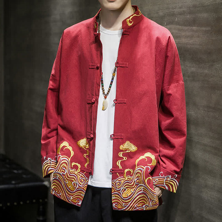 Buddha Stones Chaqueta de algodón para hombre, estilo Tang vintage, con botones de rana bordados y estampado de nubes, ideal para otoño e invierno. - image 8