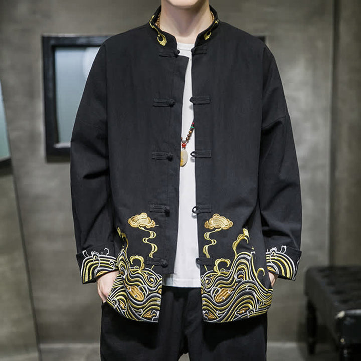 Buddha Stones Chaqueta de algodón para hombre, estilo Tang vintage, con botones de rana bordados y estampado de nubes, ideal para otoño e invierno. - image 11
