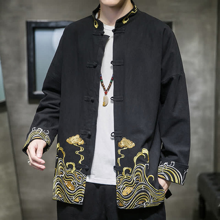 Buddha Stones Chaqueta de algodón para hombre, estilo Tang vintage, con botones de rana bordados y estampado de nubes, ideal para otoño e invierno. - image 18