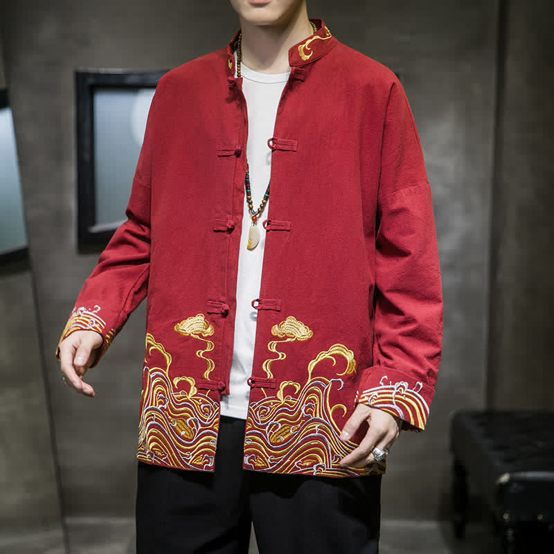 Buddha Stones Chaqueta de algodón para hombre, estilo Tang vintage, con botones de rana bordados y estampado de nubes, ideal para otoño e invierno. - Ladrillo refractario - US/UK/AU46, EU56 (5XL) - image 0