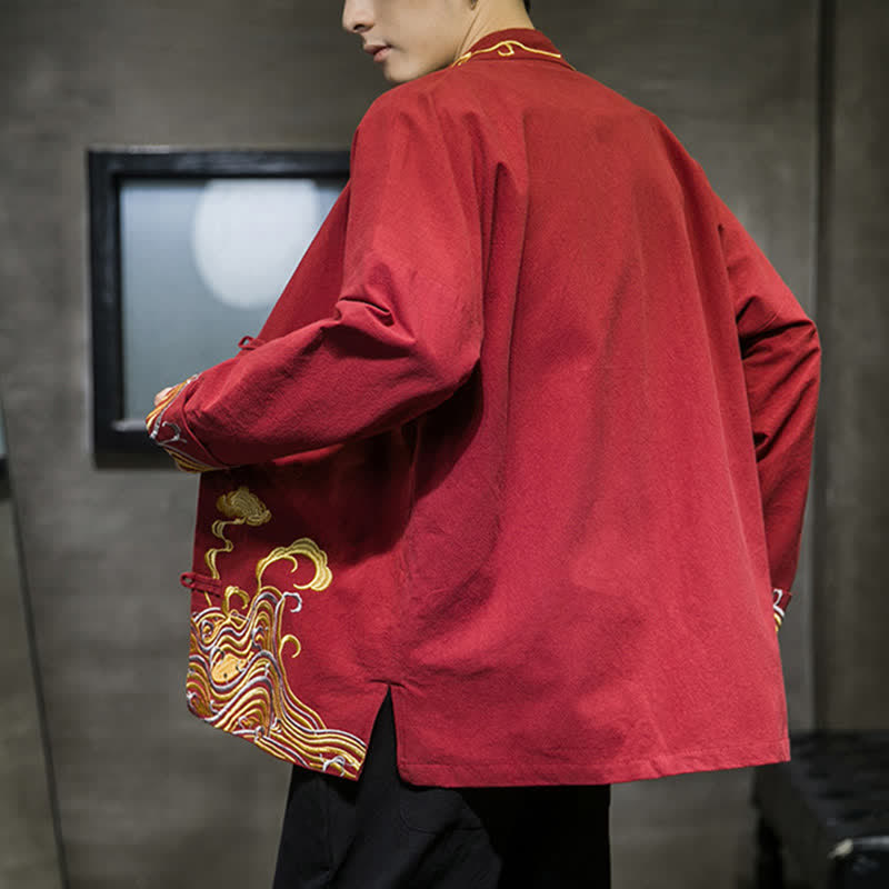 Buddha Stones Chaqueta de algodón para hombre, estilo Tang vintage, con botones de rana bordados y estampado de nubes, ideal para otoño e invierno. - image 3