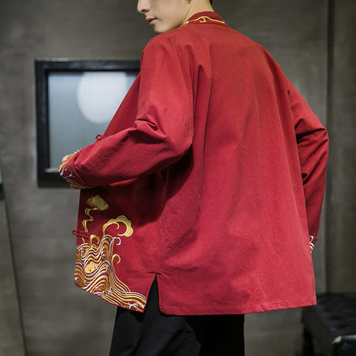 Buddha Stones Chaqueta de algodón para hombre, estilo Tang vintage, con botones de rana bordados y estampado de nubes, ideal para otoño e invierno. - image 3