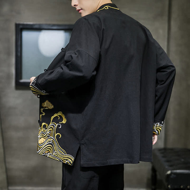 Buddha Stones Chaqueta de algodón para hombre, estilo Tang vintage, con botones de rana bordados y estampado de nubes, ideal para otoño e invierno. - image 13