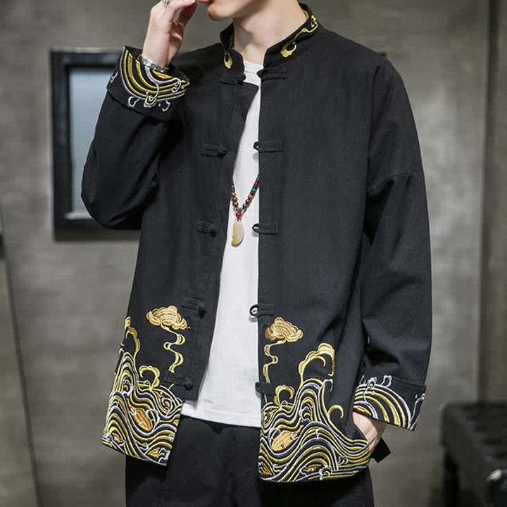 Buddha Stones Chaqueta de algodón para hombre, estilo Tang vintage, con botones de rana bordados y estampado de nubes, ideal para otoño e invierno. - image 15