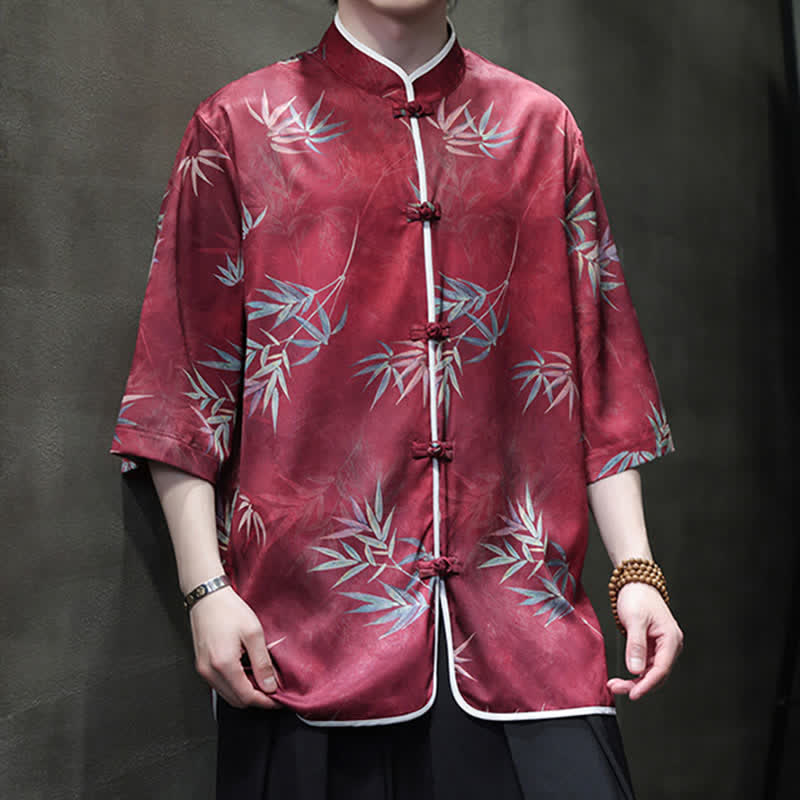 Buddha Stones Camisas de manga hasta el codo para hombre, estilo vintage Tang, con cuello mandarín y estampado de bambú, ideales para primavera y verano. - image 1