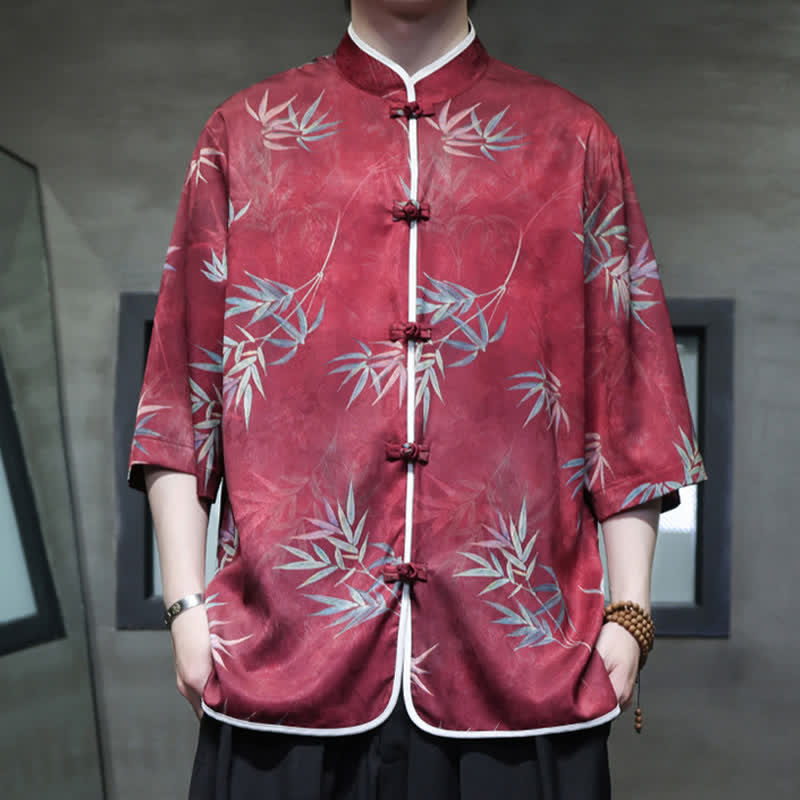 Buddha Stones Camisas de manga hasta el codo para hombre, estilo vintage Tang, con cuello mandarín y estampado de bambú, ideales para primavera y verano. - image 2