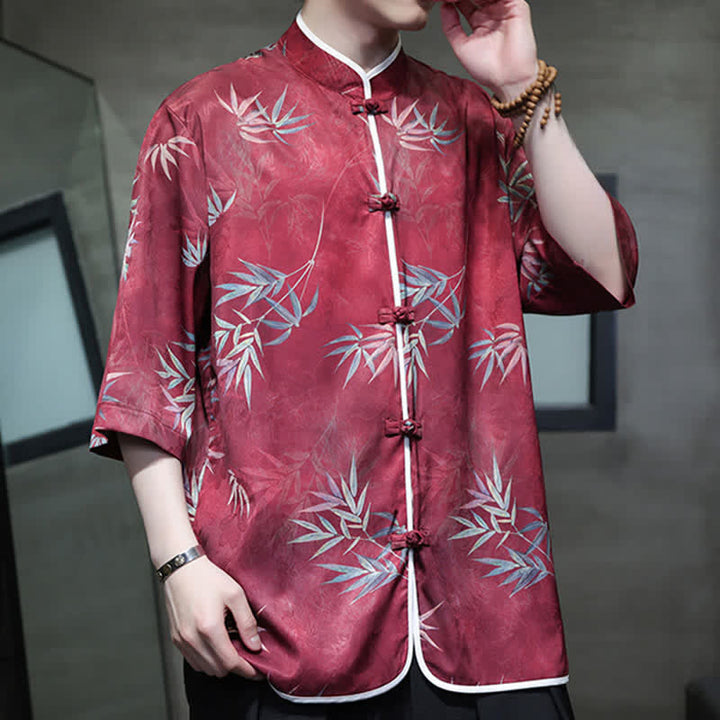 Buddha Stones Camisas de manga hasta el codo para hombre, estilo vintage Tang, con cuello mandarín y estampado de bambú, ideales para primavera y verano. - image 3