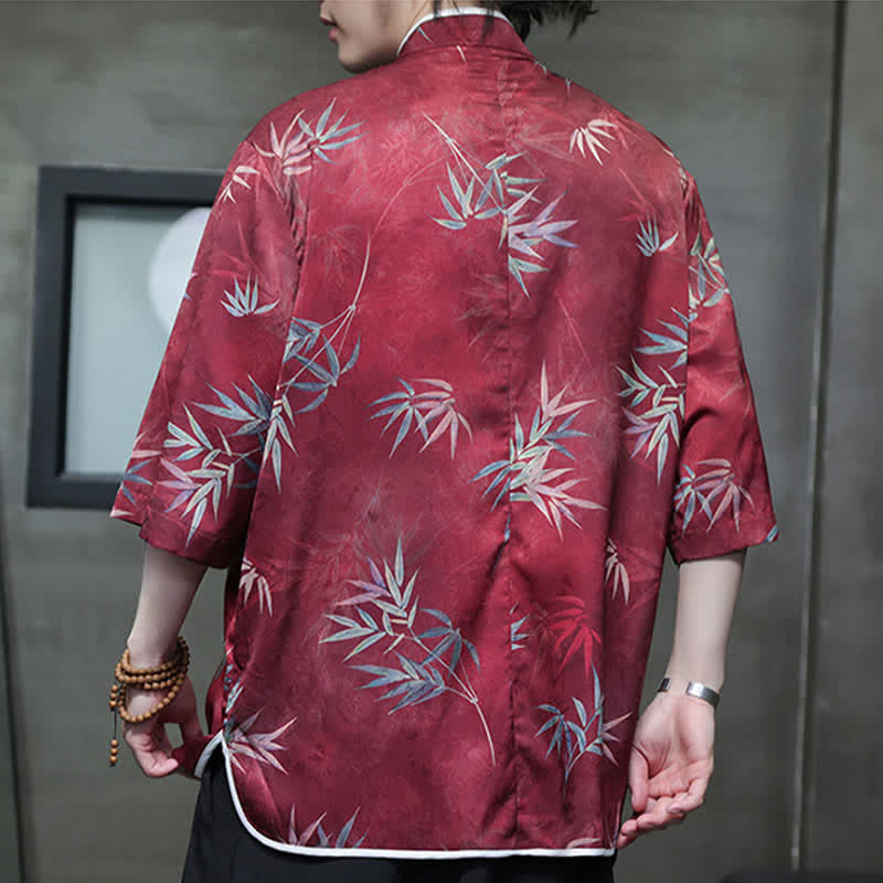 Buddha Stones Camisas de manga hasta el codo para hombre, estilo vintage Tang, con cuello mandarín y estampado de bambú, ideales para primavera y verano. - image 4