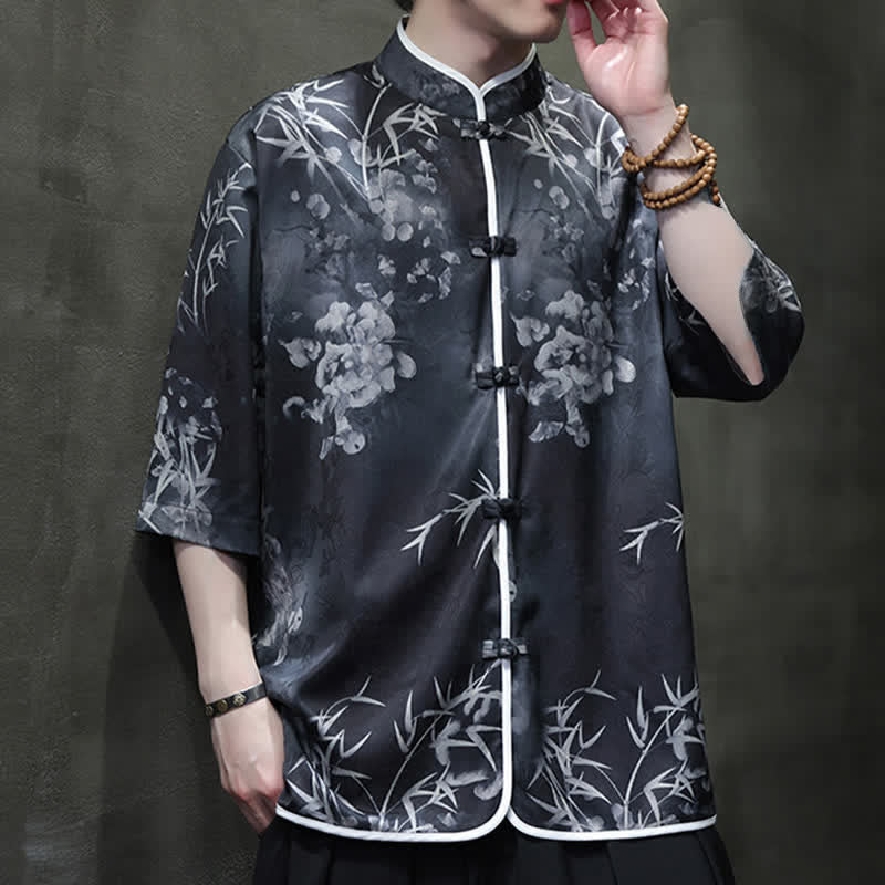 Buddha Stones Camisas de manga hasta el codo para hombre, estilo vintage Tang, con cuello mandarín y estampado de bambú, ideales para primavera y verano. - image 12