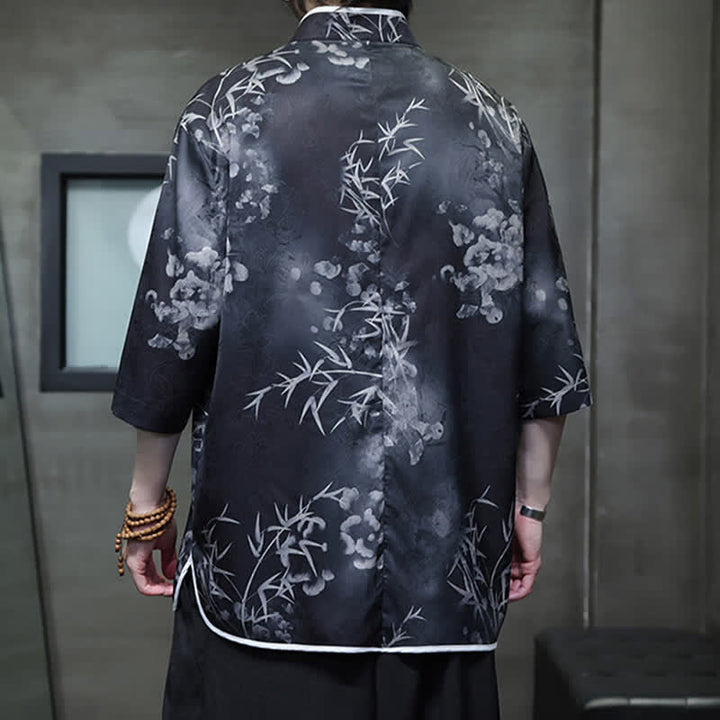 Buddha Stones Camisas de manga hasta el codo para hombre, estilo vintage Tang, con cuello mandarín y estampado de bambú, ideales para primavera y verano. - image 14
