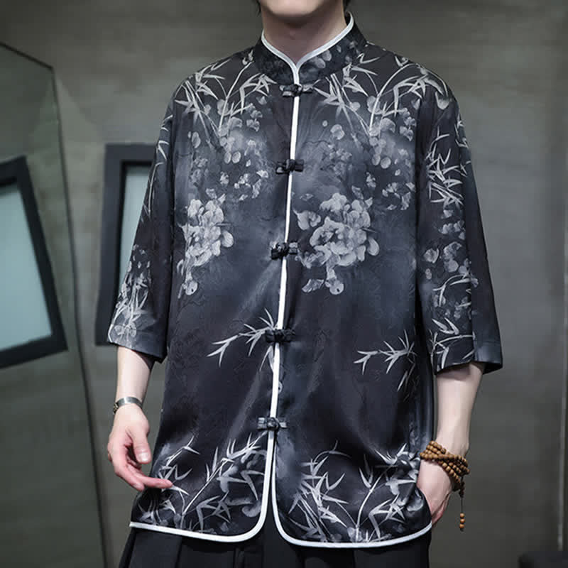 Buddha Stones Camisas de manga hasta el codo para hombre, estilo vintage Tang, con cuello mandarín y estampado de bambú, ideales para primavera y verano. - image 11