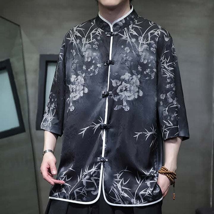 Buddha Stones Camisas de manga hasta el codo para hombre, estilo vintage Tang, con cuello mandarín y estampado de bambú, ideales para primavera y verano. - image 11
