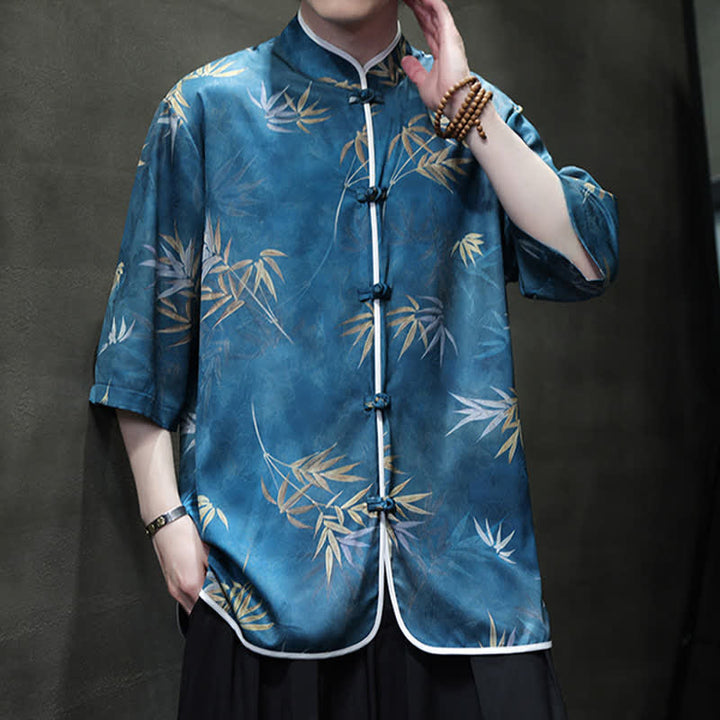 Buddha Stones Camisas de manga hasta el codo para hombre, estilo vintage Tang, con cuello mandarín y estampado de bambú, ideales para primavera y verano. - image 20