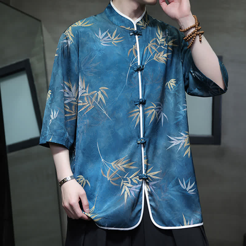 Buddha Stones Camisas de manga hasta el codo para hombre, estilo vintage Tang, con cuello mandarín y estampado de bambú, ideales para primavera y verano. - image 24