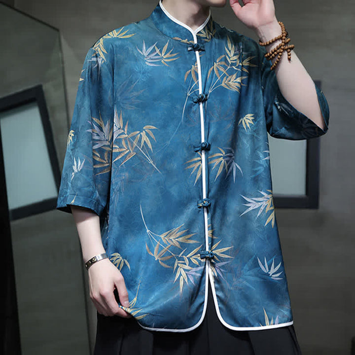 Buddha Stones Camisas de manga hasta el codo para hombre, estilo vintage Tang, con cuello mandarín y estampado de bambú, ideales para primavera y verano. - image 24