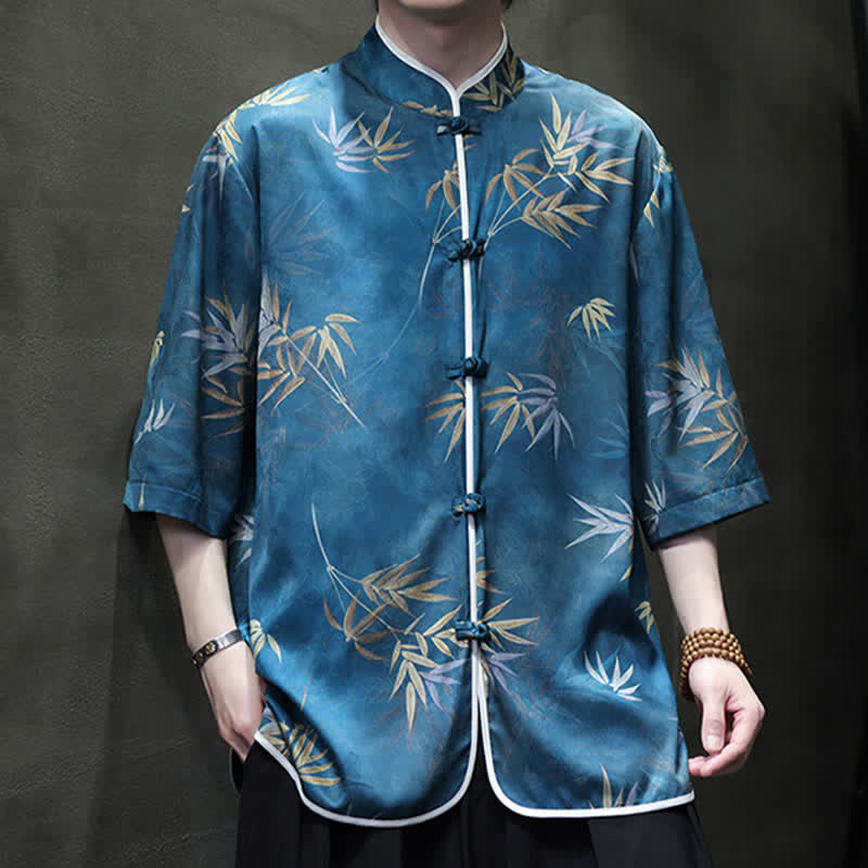 Buddha Stones Camisas de manga hasta el codo para hombre, estilo vintage Tang, con cuello mandarín y estampado de bambú, ideales para primavera y verano. - image 19