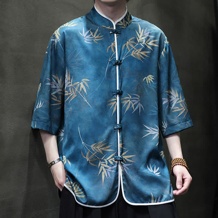 Buddha Stones Camisas de manga hasta el codo para hombre, estilo vintage Tang, con cuello mandarín y estampado de bambú, ideales para primavera y verano. - image 19