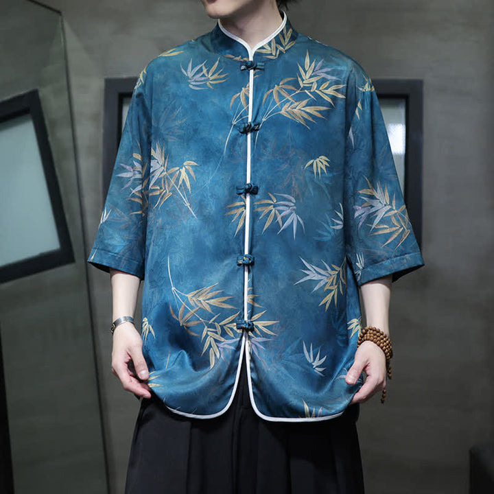 Buddha Stones Camisas de manga hasta el codo para hombre, estilo vintage Tang, con cuello mandarín y estampado de bambú, ideales para primavera y verano. - Celeste - US/UK/AU46, EU56 (5XL) - image 18