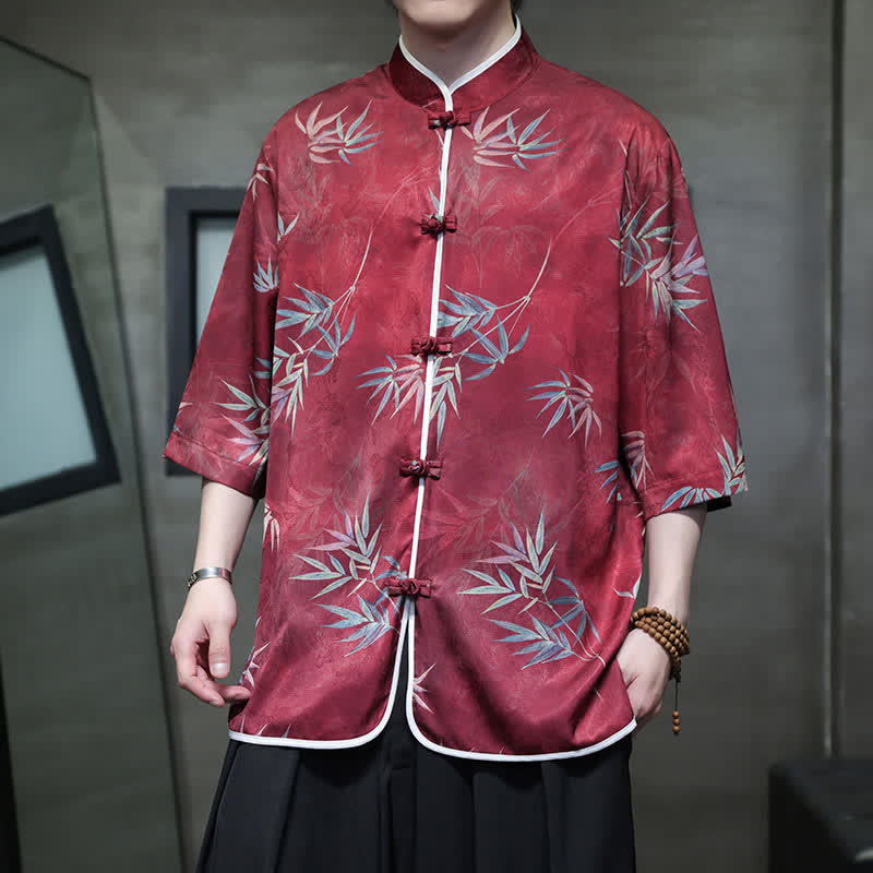 Buddha Stones Camisas de manga hasta el codo para hombre, estilo vintage Tang, con cuello mandarín y estampado de bambú, ideales para primavera y verano. - Ladrillo refractario - US/UK/AU46, EU56 (5XL) - image 0