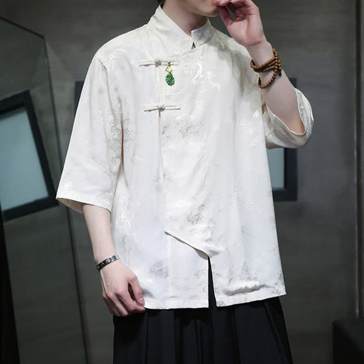 Buddha Stones Camisas de manga hasta el codo para hombre, estilo Spring Tang, elegantes, con cuello mandarín y botones de rana. - image 5