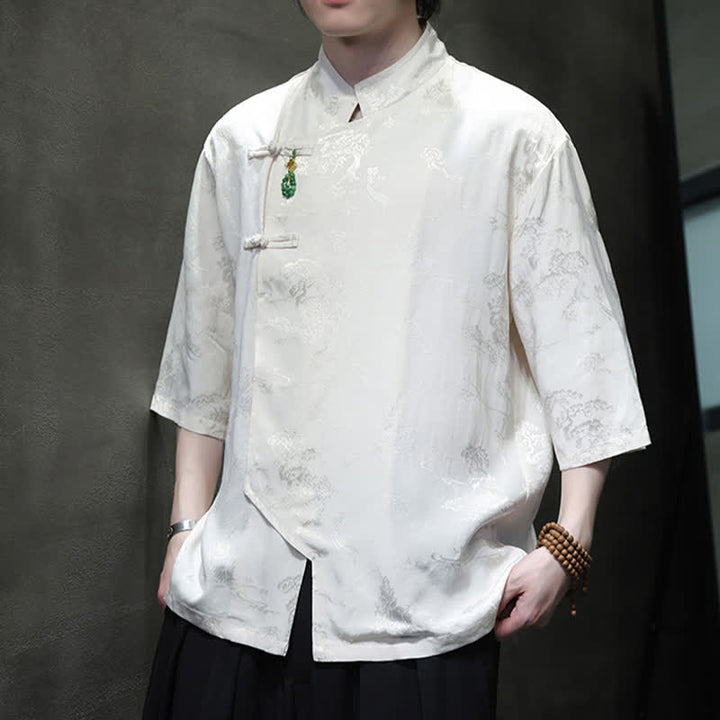 Buddha Stones Camisas de manga hasta el codo para hombre, estilo Spring Tang, elegantes, con cuello mandarín y botones de rana. - Blanco - US/UK/AU46, EU56 (5XL) - image 0
