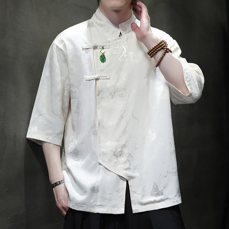 Buddha Stones Camisas de manga hasta el codo para hombre, estilo Spring Tang, elegantes, con cuello mandarín y botones de rana. - image 1
