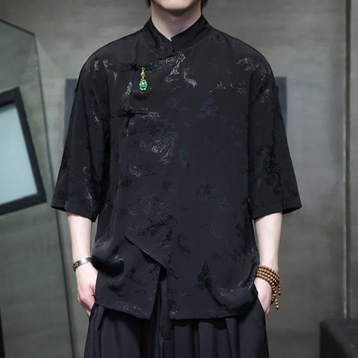 Buddha Stones Camisas de manga hasta el codo para hombre, estilo Spring Tang, elegantes, con cuello mandarín y botones de rana. - Negro - US/UK/AU46, EU56 (5XL) - image 9