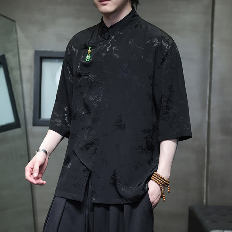 Buddha Stones Camisas de manga hasta el codo para hombre, estilo Spring Tang, elegantes, con cuello mandarín y botones de rana. - image 11
