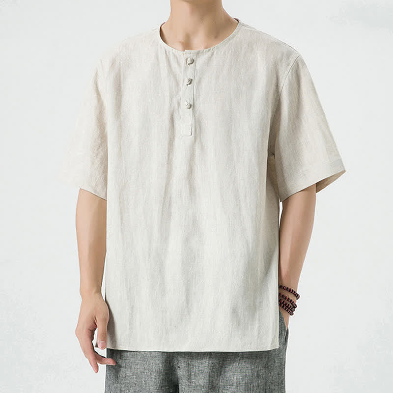 Buddha Stones Camisa de manga corta de lino para hombre, estilo casual de verano, minimalista, con abertura lateral y cuello redondo. - image 1