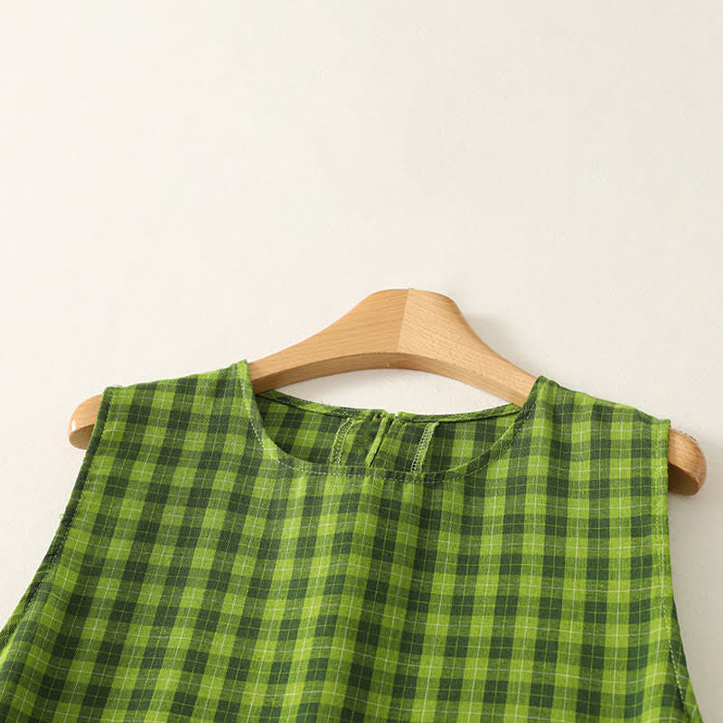 Buddha Stones Camiseta sin mangas de algodón con volantes y estampado de cuadros verdes para mujer, estilo casual de verano. - image 2