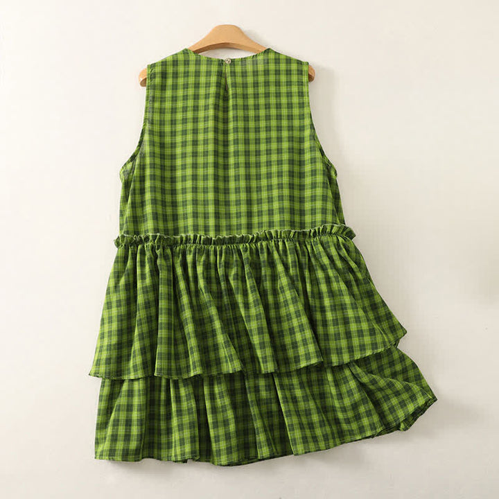 Buddha Stones Camiseta sin mangas de algodón con volantes y estampado de cuadros verdes para mujer, estilo casual de verano. - image 1