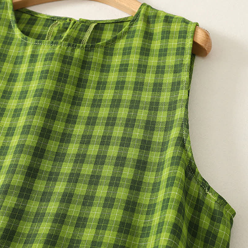 Buddha Stones Camiseta sin mangas de algodón con volantes y estampado de cuadros verdes para mujer, estilo casual de verano. - image 4
