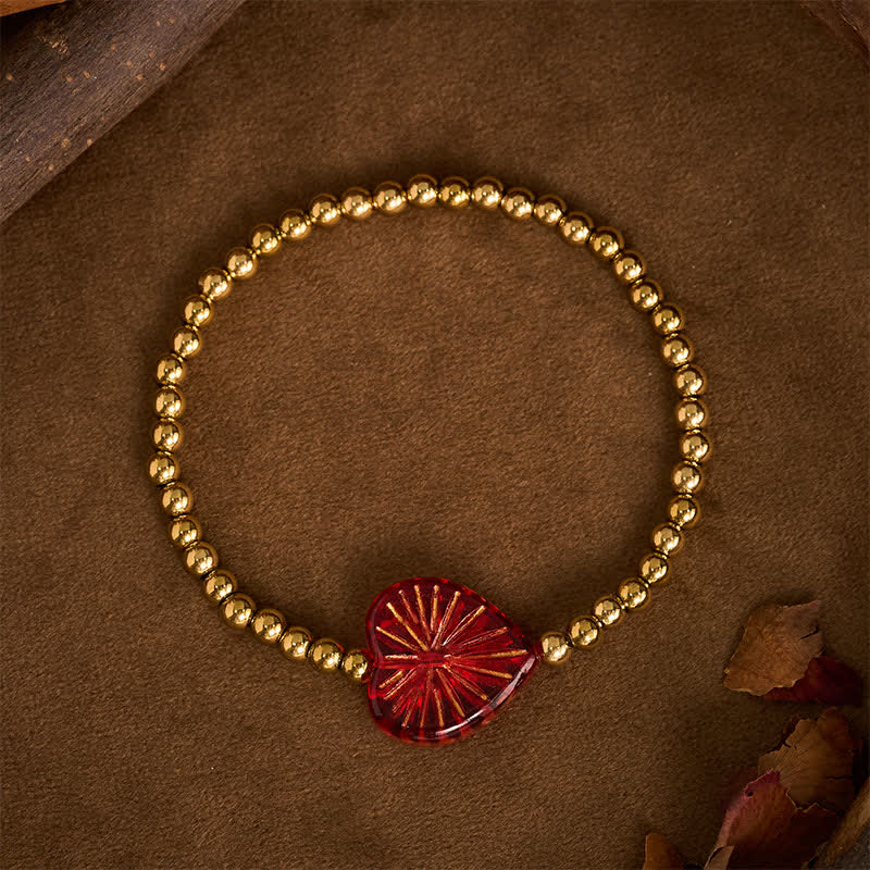 Buddha Stones Pulsera de fuerza con cuentas en forma de corazón Liuli de acero de titanio - Rojo - image 0