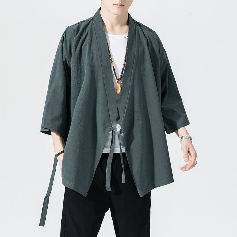Buddha Stones Kimono de verano informal minimalista con cordón ajustable y mangas hasta el codo para hombre. - image 1