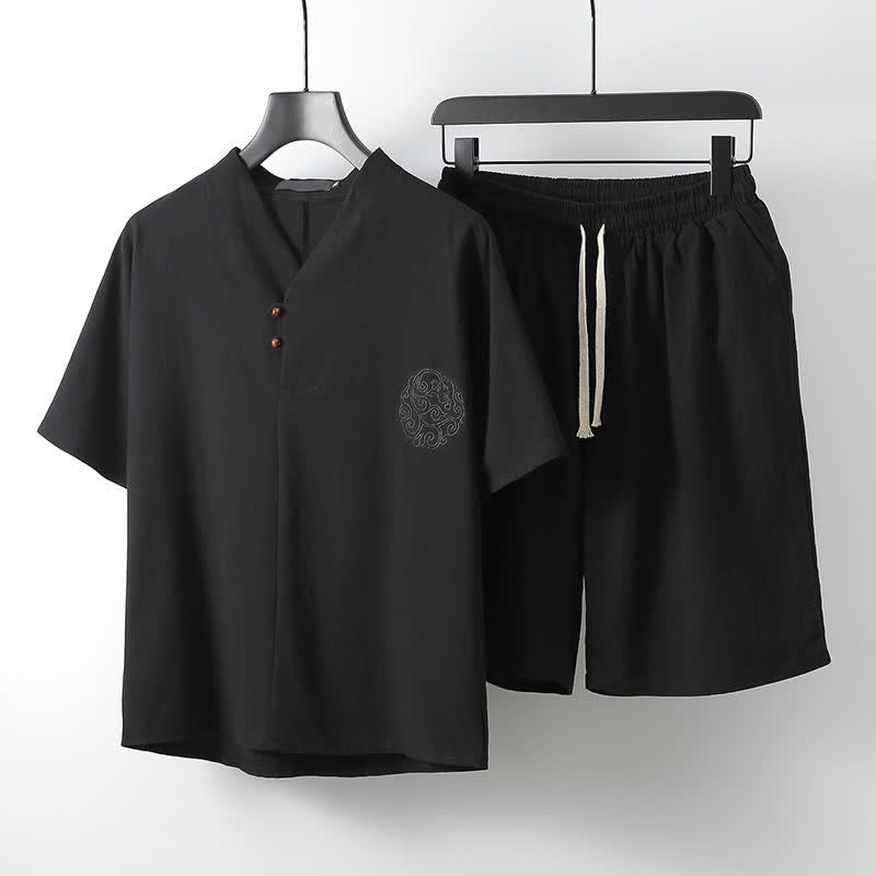Buddha Stones Conjunto de 2 piezas: Camisa de manga corta de algodón y lino estilo Tang casual con bordado, ideal para hombres, con bolsillo. - Negro - US/UK/AU54, EU64 (9XL) - image 3