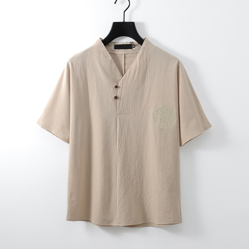 Buddha Stones Conjunto de 2 piezas: Camisa de manga corta de algodón y lino estilo Tang casual con bordado, ideal para hombres, con bolsillo. - image 10