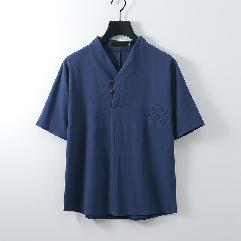Buddha Stones Conjunto de 2 piezas: Camisa de manga corta de algodón y lino estilo Tang casual con bordado, ideal para hombres, con bolsillo. - image 7
