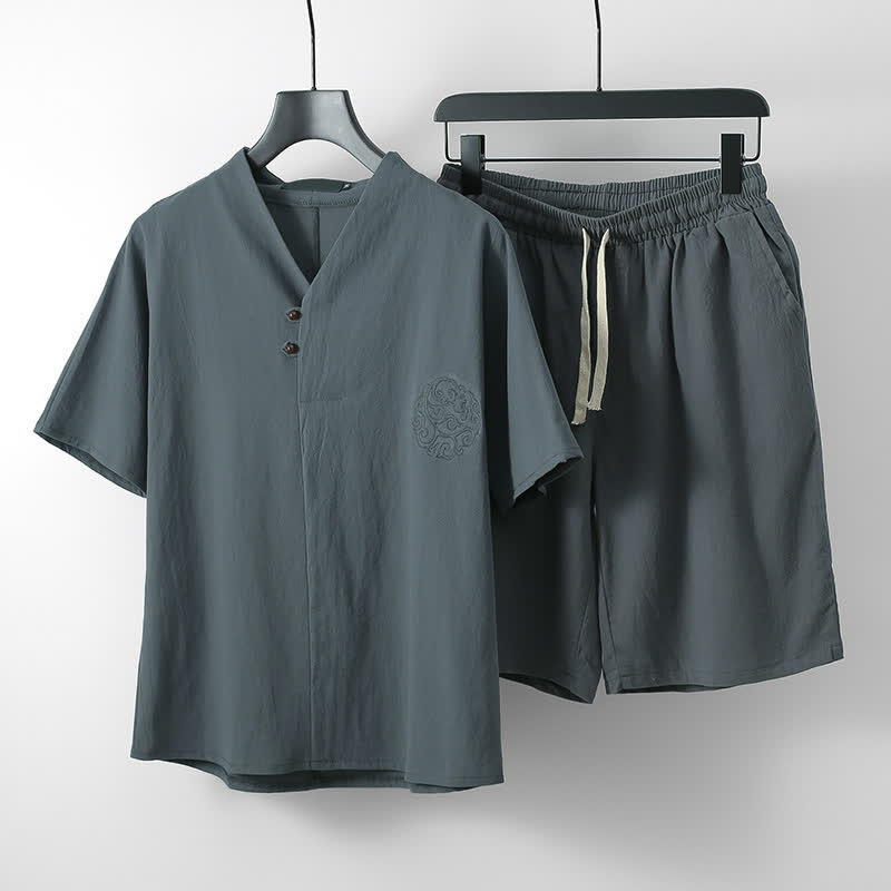 Buddha Stones Conjunto de 2 piezas: Camisa de manga corta de algodón y lino estilo Tang casual con bordado, ideal para hombres, con bolsillo. - Gris oscuro - US/UK/AU54, EU64 (9XL) - image 0