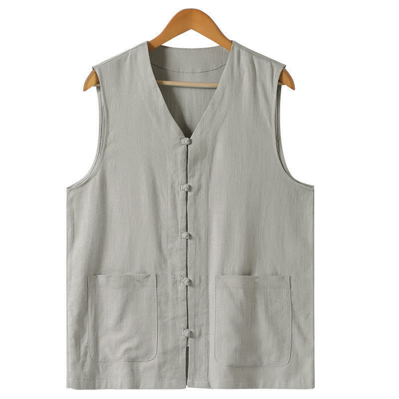 Buddha Stones Camiseta sin mangas de estilo veraniego Tang, informal, con botones de rana y cuello en V, para hombre, con bolsillos. - Gris claro - US/UK/AU46, EU56 (5XL) - image 2