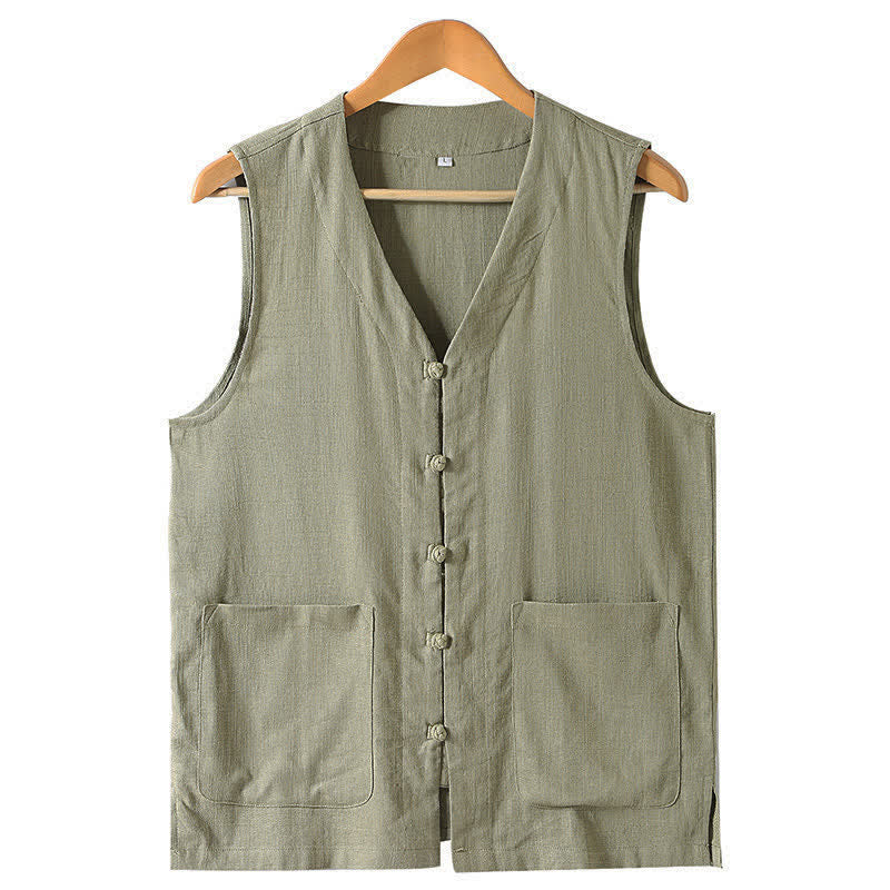 Buddha Stones Camiseta sin mangas de estilo veraniego Tang, informal, con botones de rana y cuello en V, para hombre, con bolsillos. - Caqui oscuro - US/UK/AU46, EU56 (5XL) - image 1