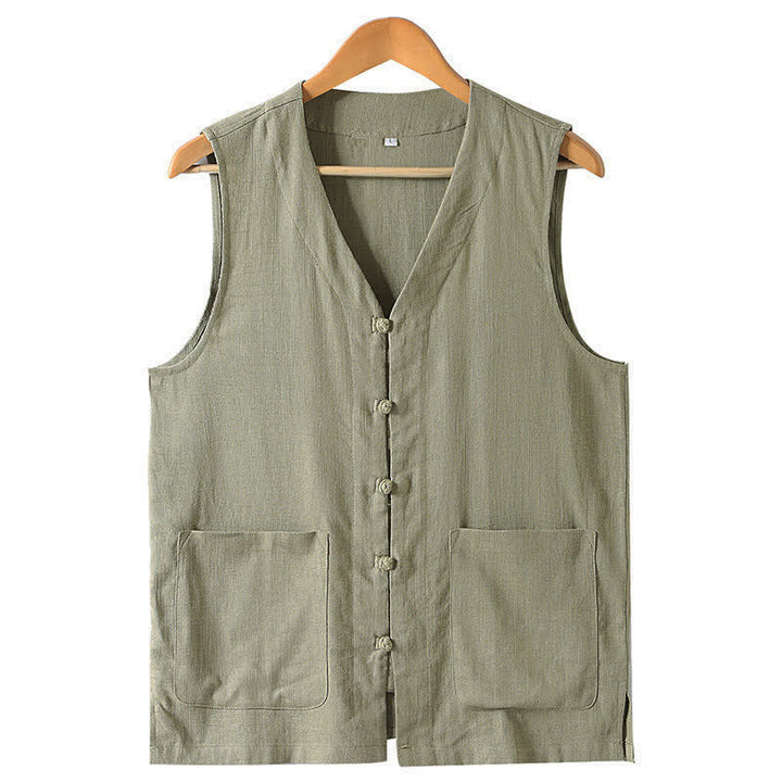 Buddha Stones Camiseta sin mangas de estilo veraniego Tang, informal, con botones de rana y cuello en V, para hombre, con bolsillos. - Caqui oscuro - US/UK/AU46, EU56 (5XL) - image 1