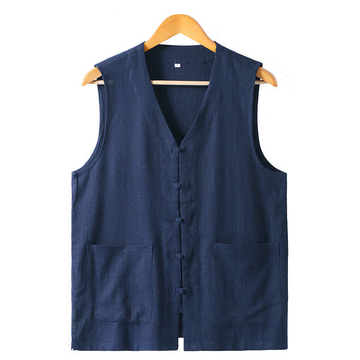 Buddha Stones Camiseta sin mangas de estilo veraniego Tang, informal, con botones de rana y cuello en V, para hombre, con bolsillos. - Marina de guerra - US/UK/AU46, EU56 (5XL) - image 0